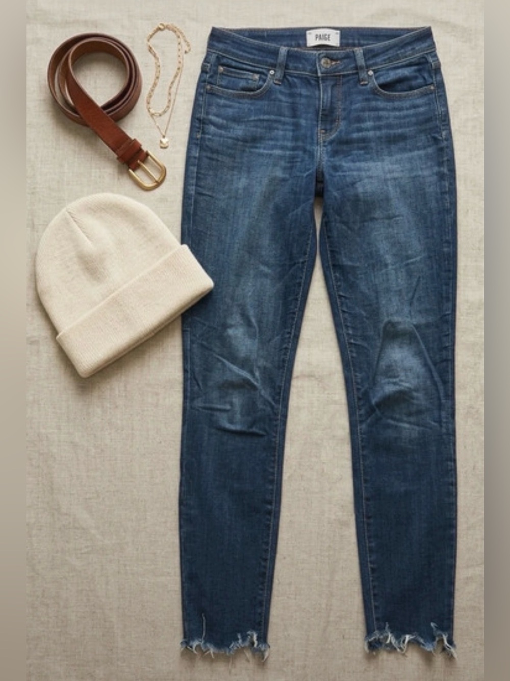 PAIGE Dark Blue Skinny Jeans with Frayed Hem